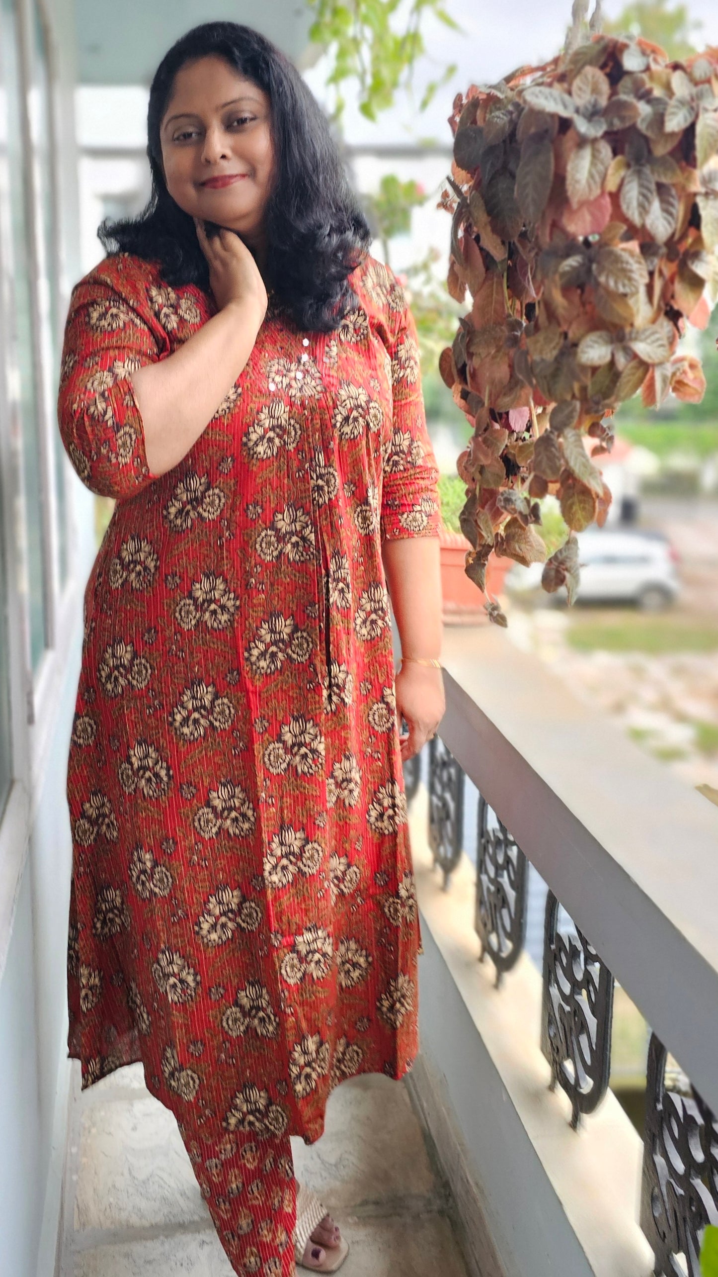 Red Kantha Cotton Two Piece A-Line Kurta Set