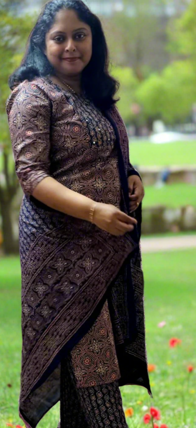 Blue Ajrakh Printed Cotton Salwar Suit with Three-Fourth Sleeves