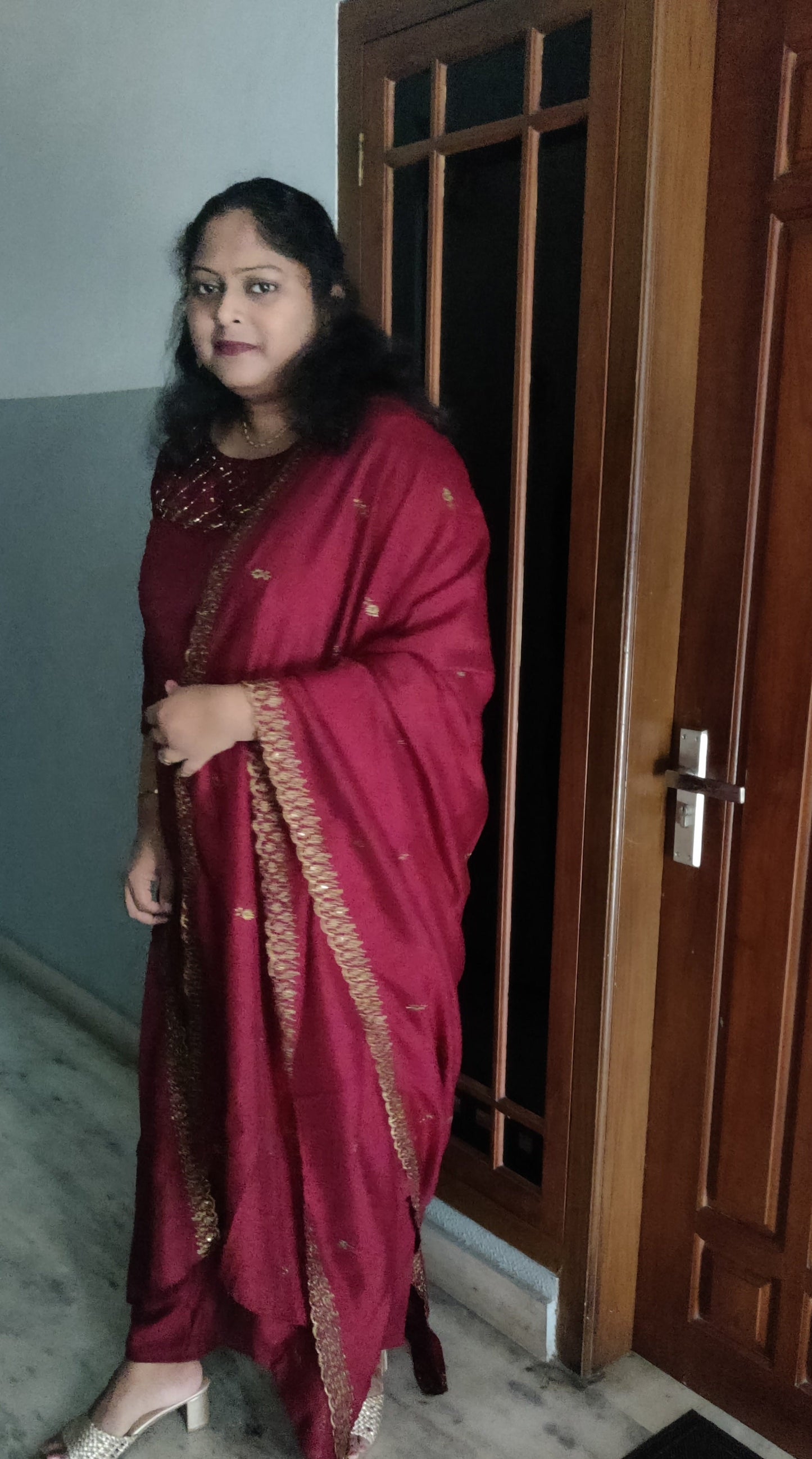 Maroon Vichitra Silk Three Piece Salwar Suit