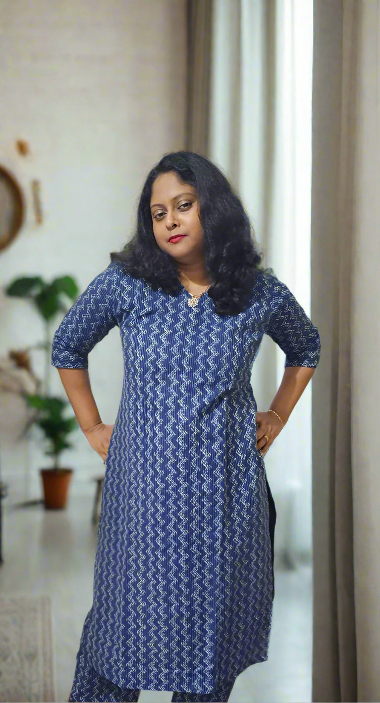 Indigo Cotton Kantha Printed Straight- cut Co-ord Set