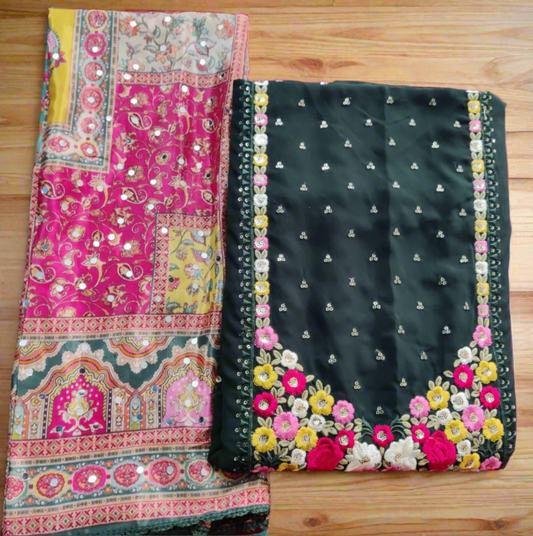 Dark Green Embroidery Unstitched Salwar Suit with Pakistani Dupatta