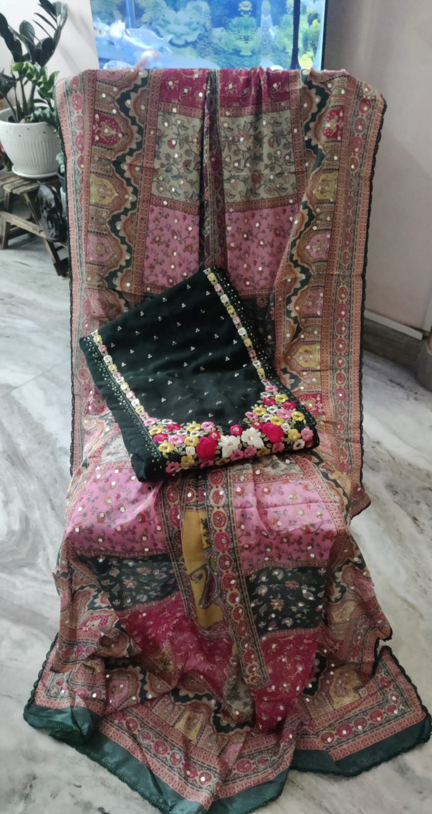 Dark Green Embroidery Unstitched Salwar Suit with Pakistani Dupatta