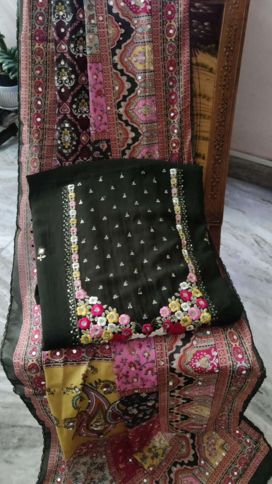 Bottle Green Embroidery Unstitched Salwar Suit with Pakistani Dupatta