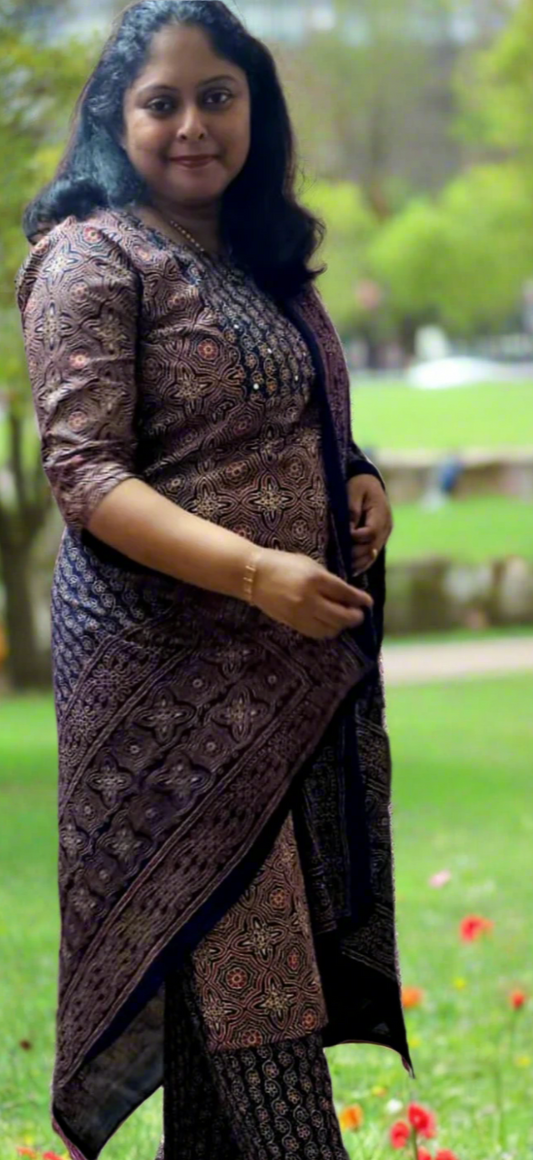 Blue Ajrakh Printed Cotton Salwar Suit with Three-Fourth Sleeves