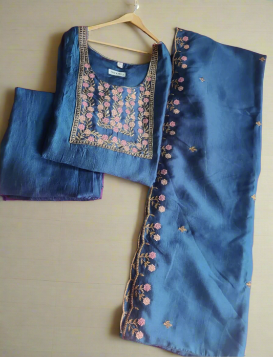Turquoise Blue Vichitra Silk Salwar Suit