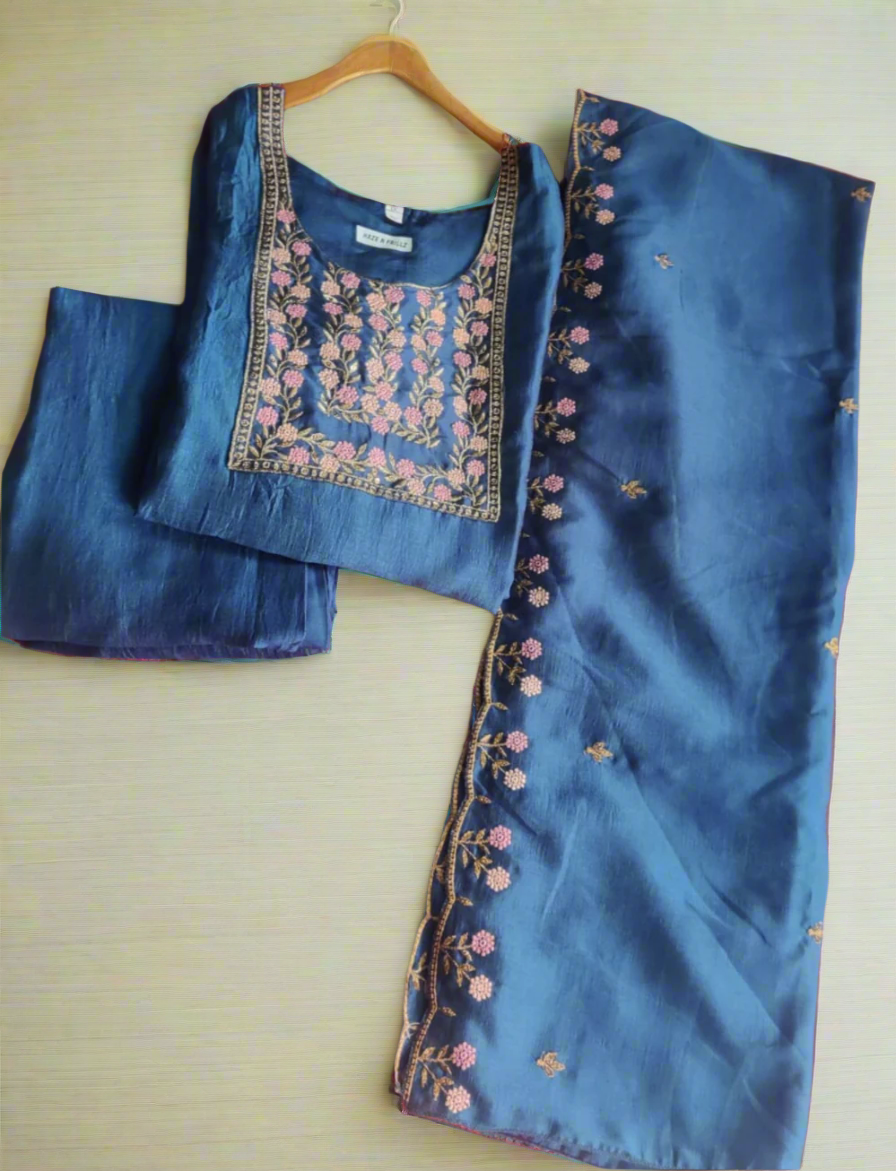 Turquoise Blue Vichitra Silk Salwar Suit
