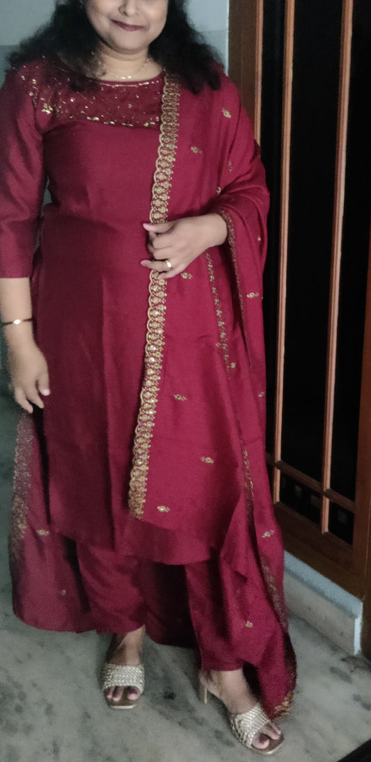 Maroon Vichitra Silk Three Piece Salwar Suit