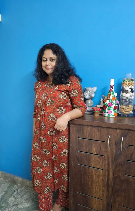Red Kantha Cotton Two Piece A-Line Kurta Set