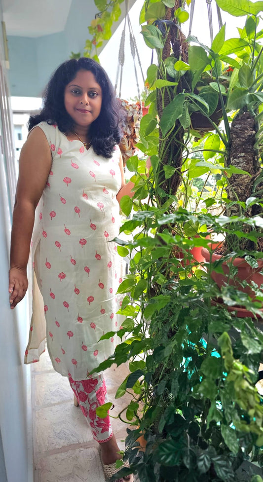 Off White Khadi Cotton Floral Printed Straight Cut Co-ord Set