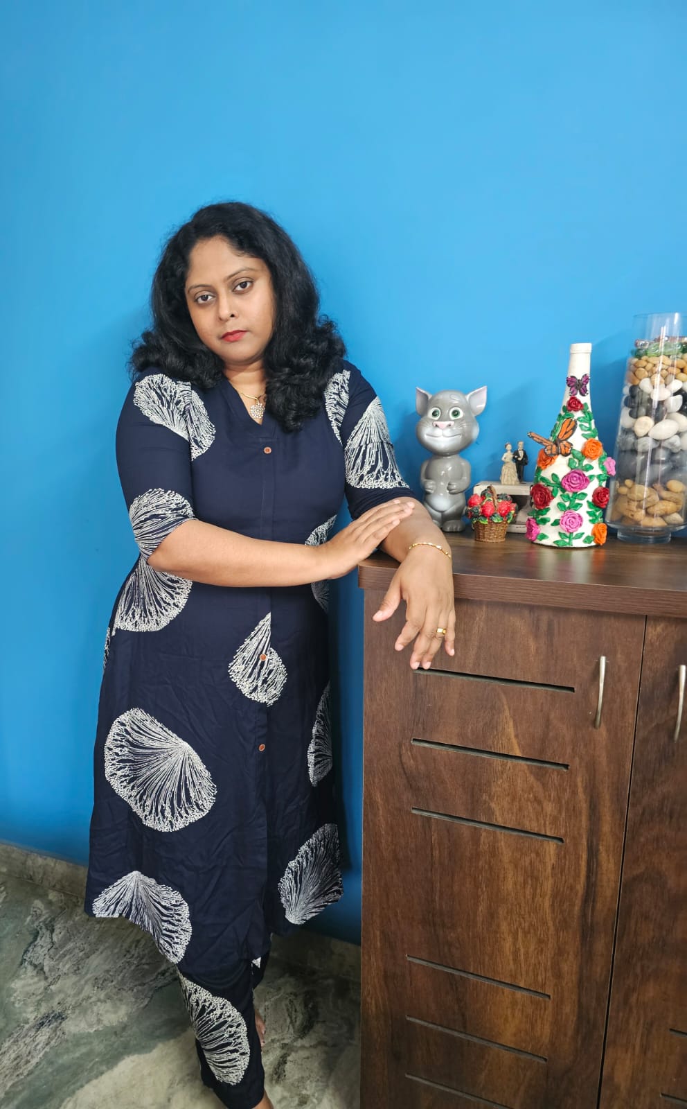 Navy Blue Printed Rayon A-line Co-ord Set