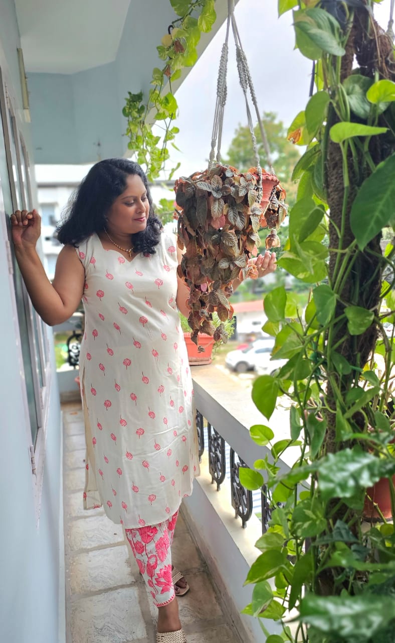 Off White Khadi Cotton Floral Printed Straight Cut Co-ord Set
