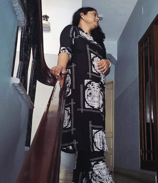 Black Printed A-line Rayon Co-ord Set