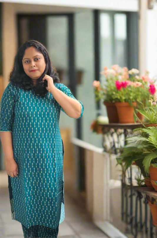 Green Ikat Printed Cotton Straight-Cut Co-ord Set