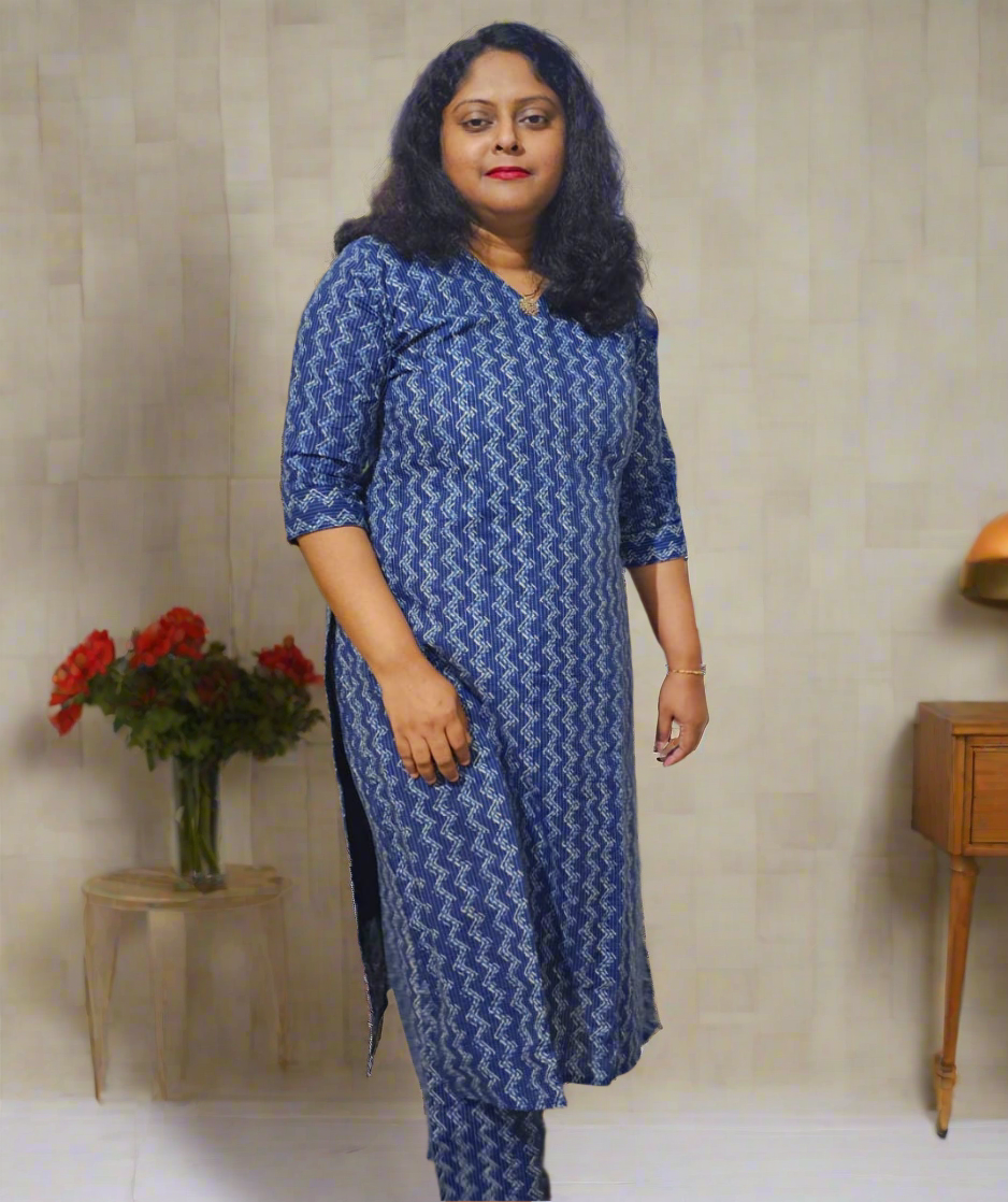 Indigo Cotton Kantha Printed Straight- cut Co-ord Set