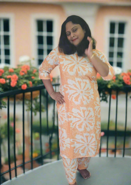 Orange Hakoba Cotton Straight Cut Floral Printed Co-ord Set