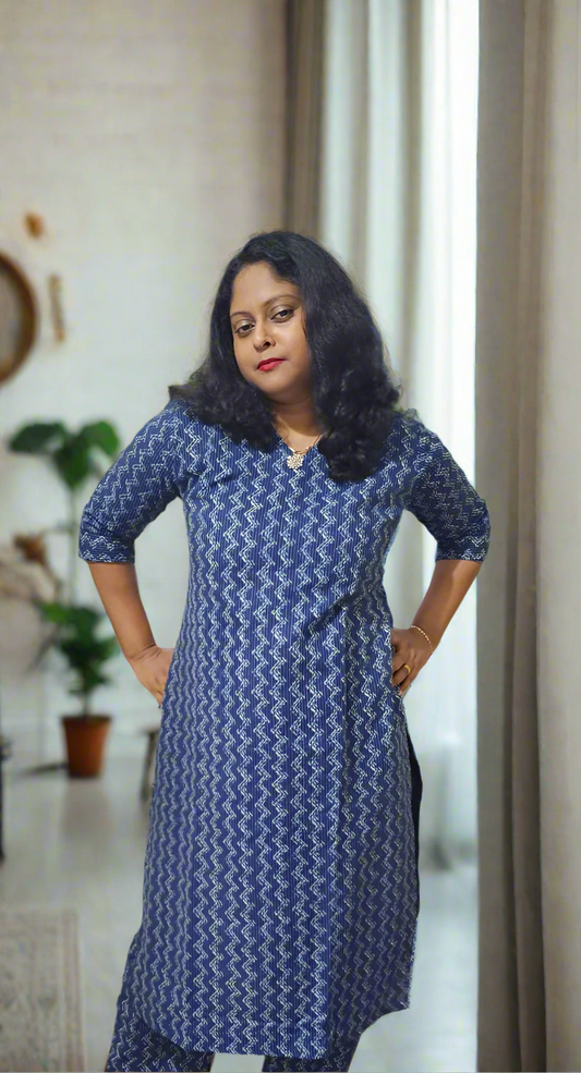 Indigo Cotton Kantha Printed Straight- cut Co-ord Set