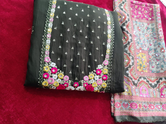 Bottle Green Embroidery Unstitched Salwar Suit with Pakistani Dupatta